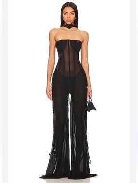 Amor Mia S&M black jumpsuit Lace-Up corset chiffon one piece Revolve M